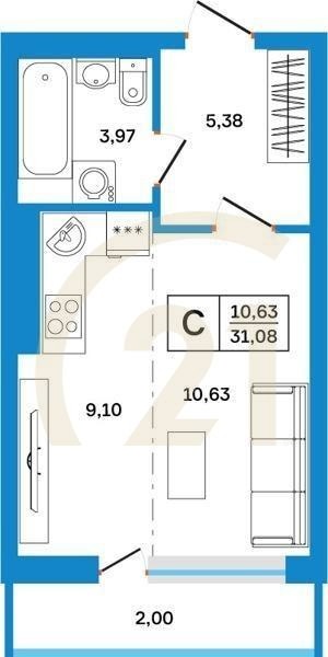 Студия, 31.08 м², 2-26 этаж
