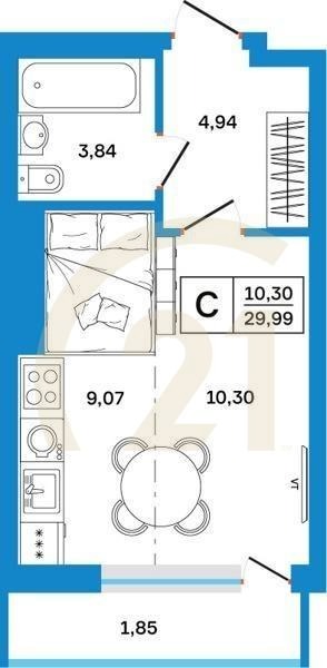Студия, 29.99 м², 3-26 этаж