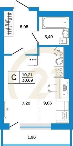 Студия, 30.69 м², 4-26 этаж