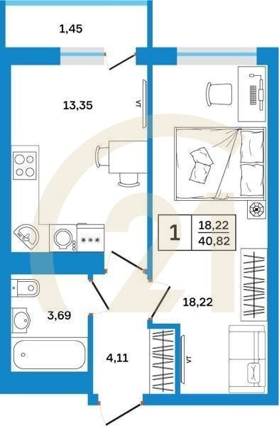 1-комн, 40.82 м², 7-26 этаж