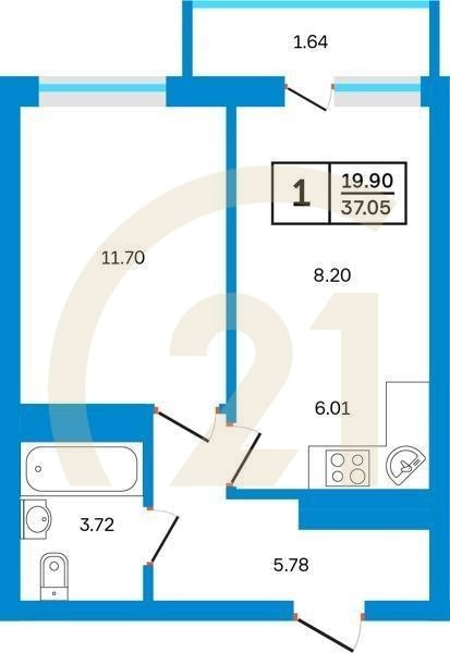 1-комн, 37.05 м², 12-22 этаж