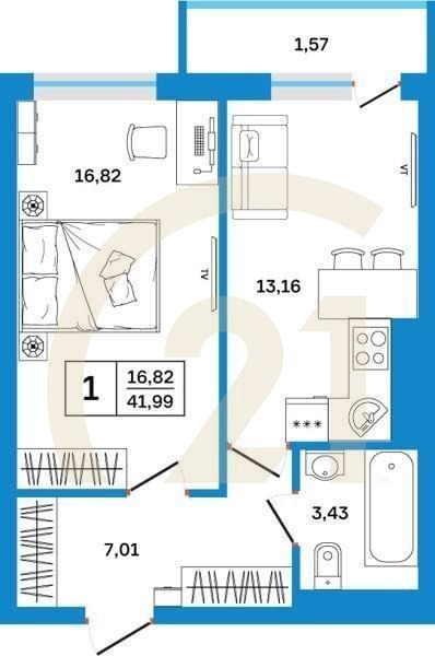 1-комн, 41.99 м², 8-26 этаж
