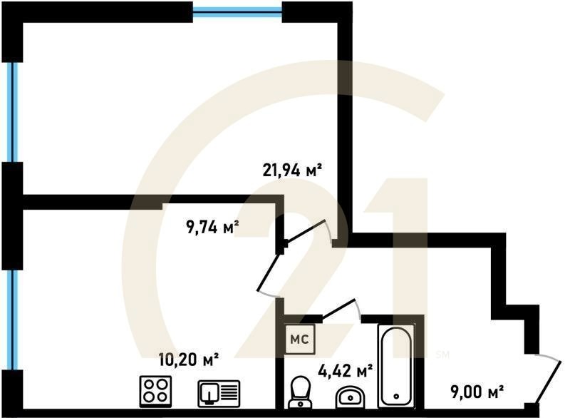 1-комн, 55.29 м², 2 этаж