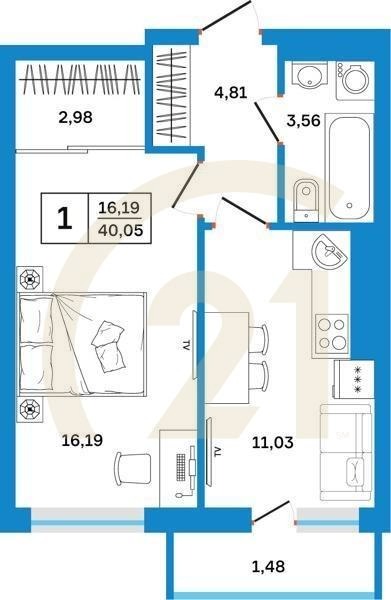 1-комн, 40.05 м², 7-26 этаж