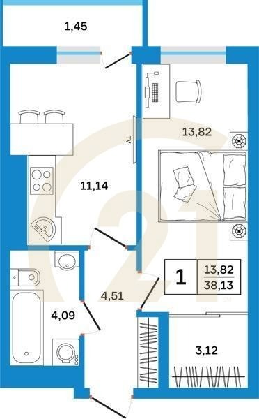 1-комн, 38.13 м², 9-26 этаж