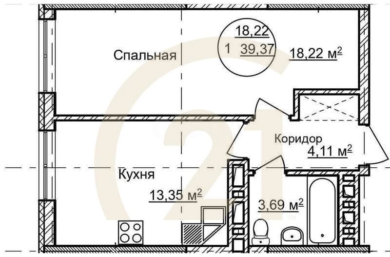 1-комн, 39.37 м², 1 этаж