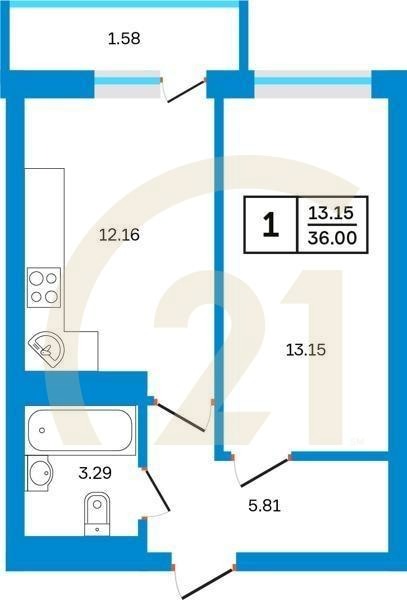 1-комн, 36 м², 13-22 этаж