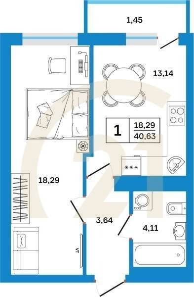 1-комн, 40.63 м², 2-26 этаж