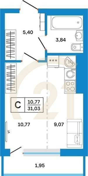 1-комн, 31.03 м², 2-26 этаж