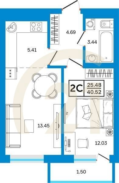 2-комн, 40.52 м², 16-26 этаж