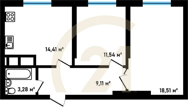 2-комн, 56.86 м², 17-30 этаж
