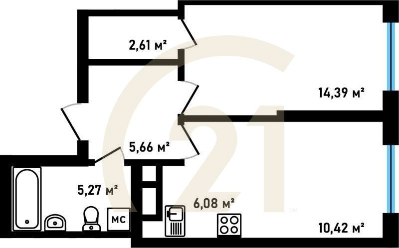 2-комн, 44.43 м², 18-30 этаж