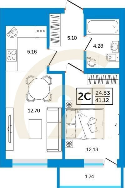 2-комн, 41.12 м², 24 этаж