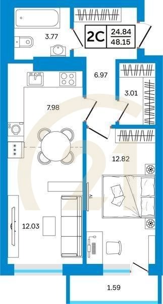 2-комн, 48.15 м², 2-26 этаж