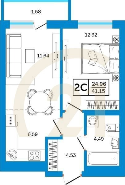 2-комн, 41.15 м², 22 этаж