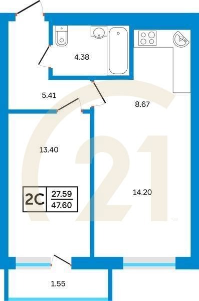 2-комн, 47.6 м², 7-24 этаж