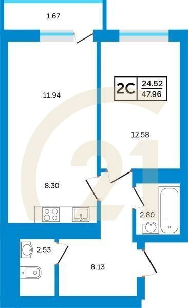 2-комн, 47.96 м², 11-23 этаж