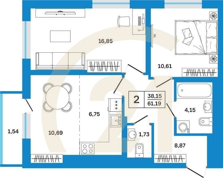 2-комн, 61.19 м², 2-26 этаж