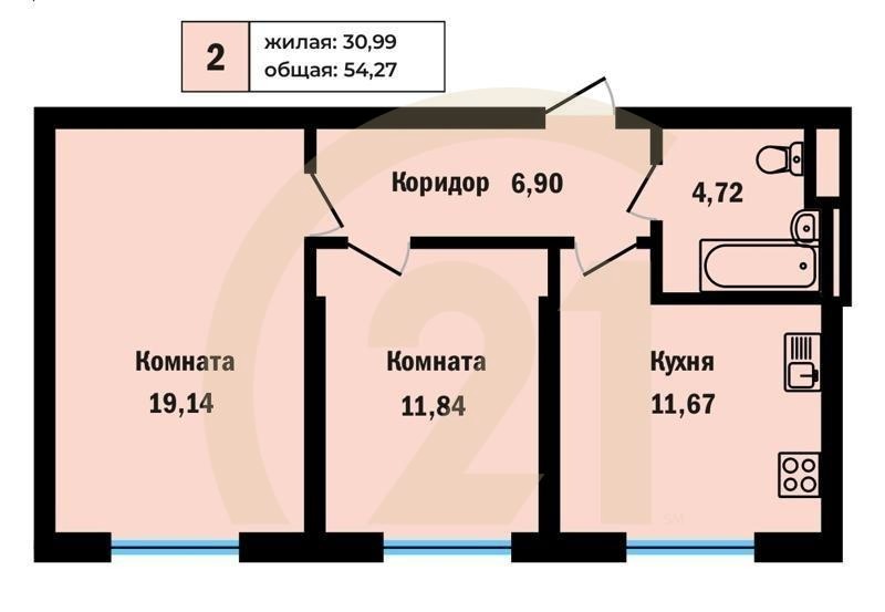 2-комн, 54.27 м², 3-16 этаж