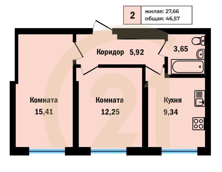 2-комн, 46.57 м², 6-16 этаж