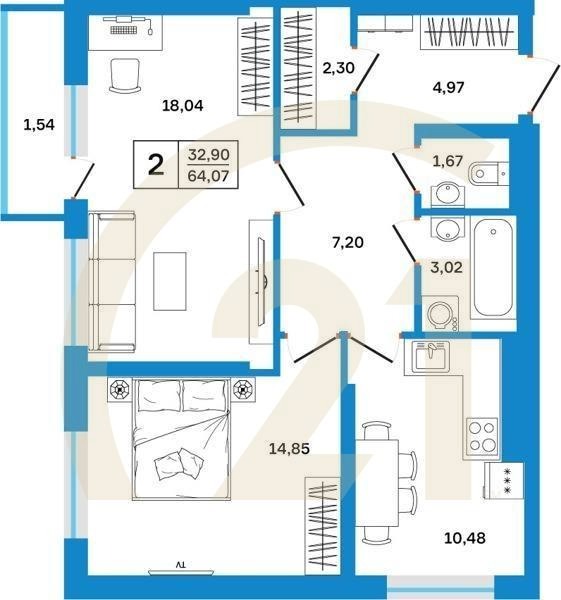 2-комн, 64.07 м², 2-26 этаж
