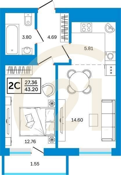 2-комн, 43.2 м², 18-26 этаж