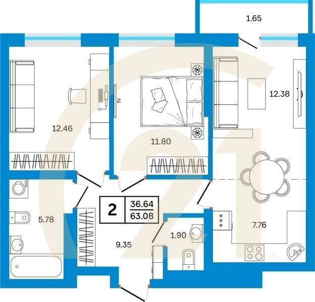 2-комн, 63.08 м², 12-24 этаж