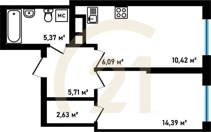 2-комн, 44.6 м², 17-30 этаж