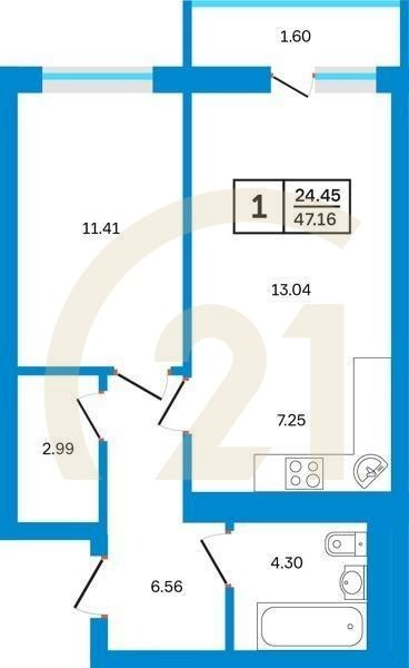 1-комн, 47.16 м², 10-23 этаж