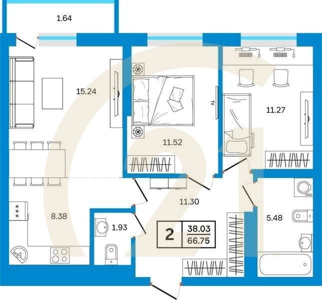 2-комн, 66.75 м², 2-24 этаж