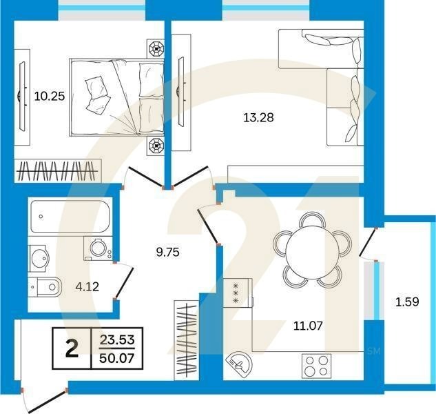 2-комн, 50.07 м², 16 этаж