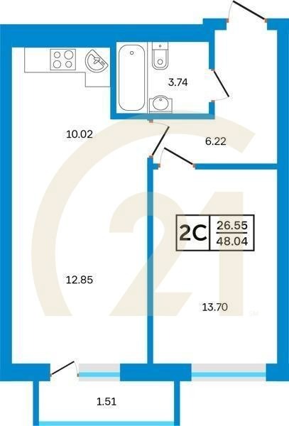 2-комн, 48.04 м², 8-24 этаж
