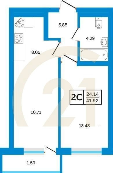 2-комн, 41.92 м², 21-23 этаж