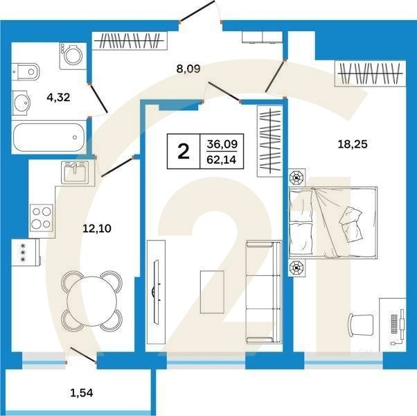 2-комн, 62.14 м², 3-26 этаж