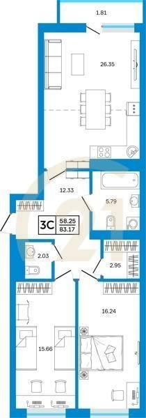 3-комн, 83.17 м², 2-26 этаж