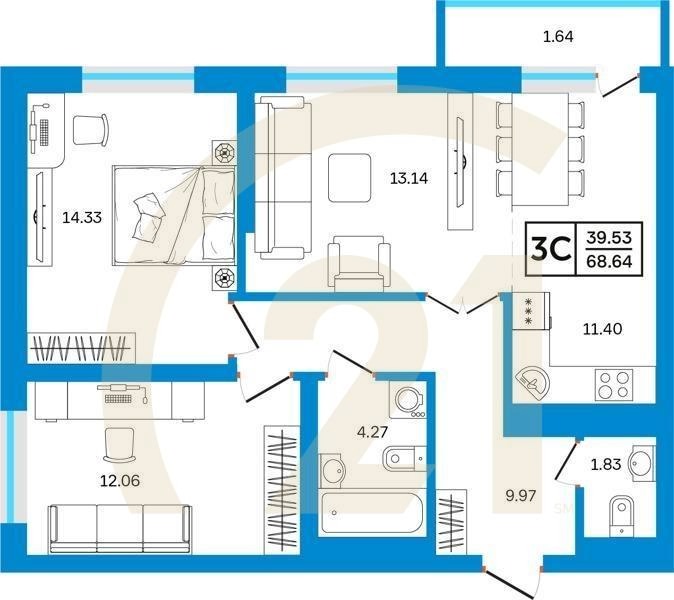 3-комн, 68.64 м², 15-24 этаж
