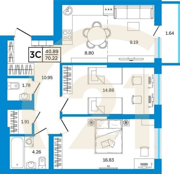 3-комн, 70.22 м², 2-26 этаж