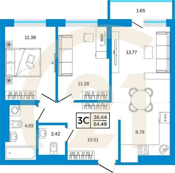 3-комн, 64.49 м², 8-26 этаж