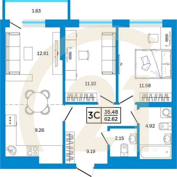 3-комн, 62.62 м², 11-26 этаж