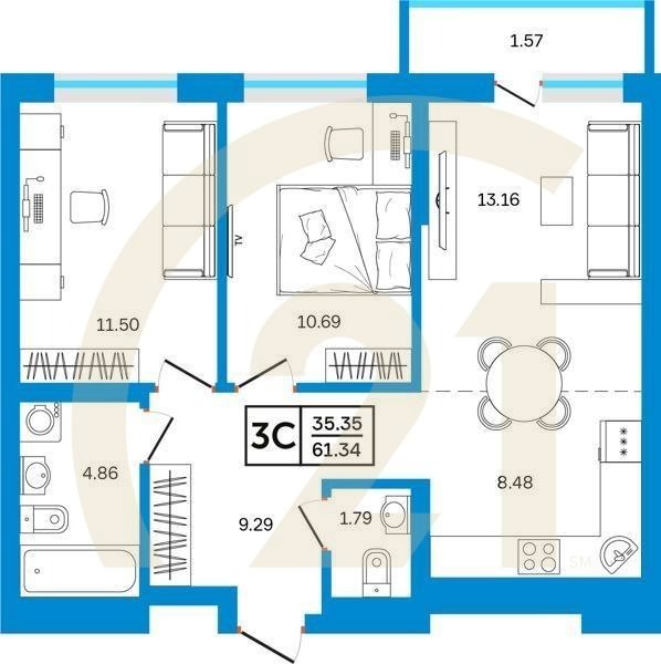 3-комн, 61.34 м², 12-26 этаж