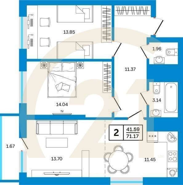 2-комн, 71.17 м², 2-23 этаж