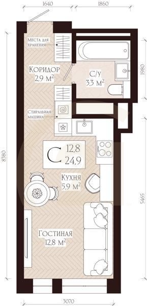 Студия, 24.9 м², 4-10 этаж