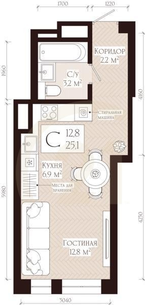 Студия, 25.1 м², 5-10 этаж