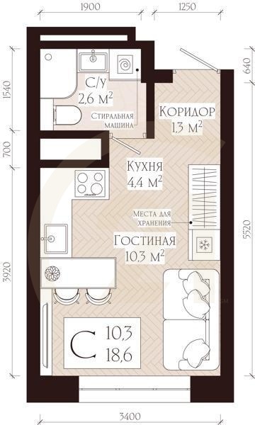 Студия, 18.6 м², 6-7 этаж