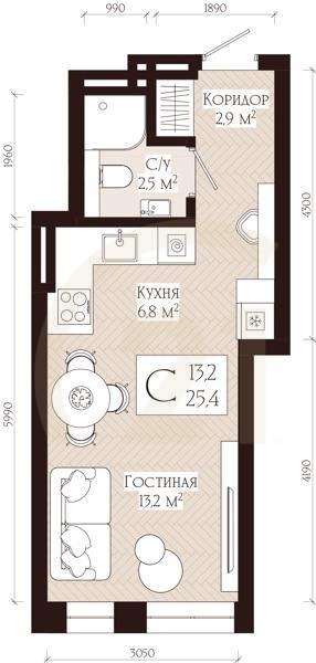 Студия, 25.4 м², 13-16 этаж