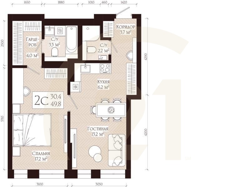 2-комн, 49.8 м², 11-12 этаж