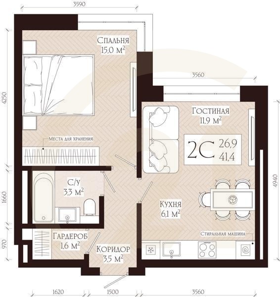 2-комн, 41.4 м², 6-16 этаж