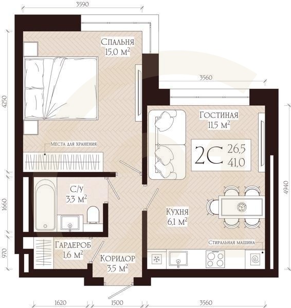 2-комн, 41 м², 14 этаж