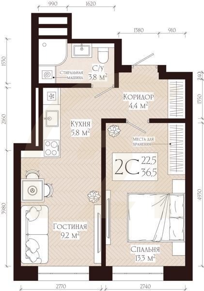 2-комн, 36.5 м², 6-10 этаж