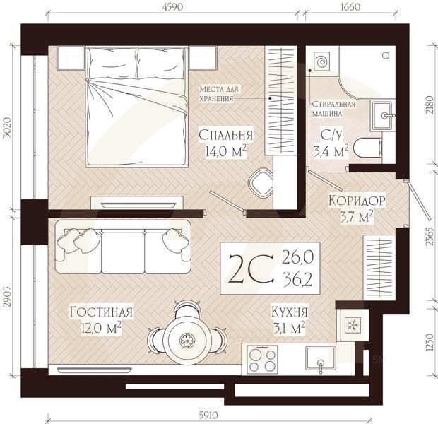 2-комн, 36.2 м², 6-12 этаж